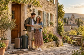 Un couple prépare son arrivée dans une maison de vacances française en pierre.