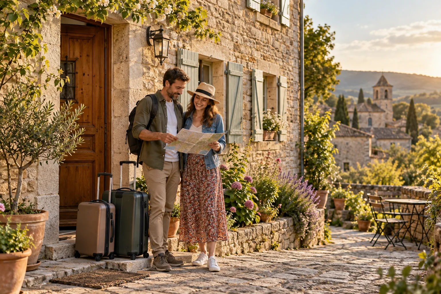 Un couple prépare son arrivée dans une maison de vacances française en pierre.
