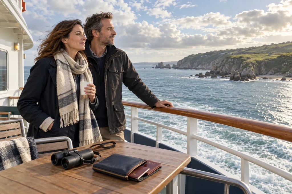 Un couple observe une côte rocheuse depuis le pont d’un ferry.