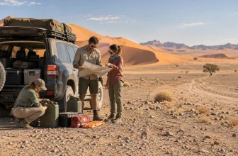 Des voyageurs vérifient leur carte et leur eau près d’un véhicule sur une piste désertique.