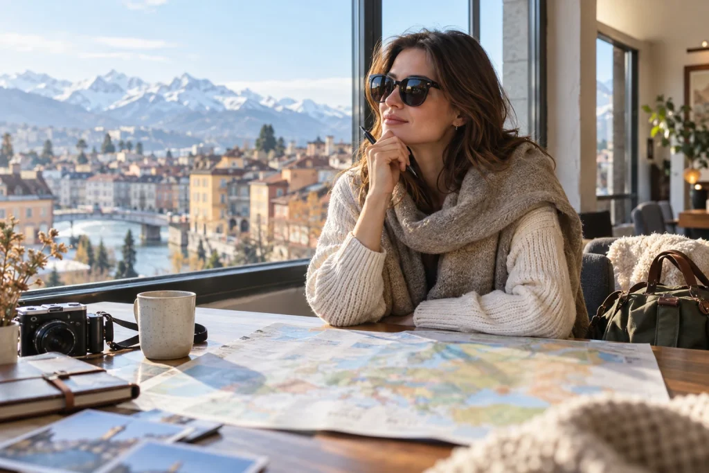 Une voyageuse choisit une destination européenne hivernale devant une carte.