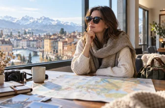 Une voyageuse choisit une destination européenne hivernale devant une carte.