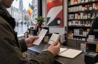 Un adulte compare un ticket et un paquet neutre au comptoir d’un bureau de tabac.