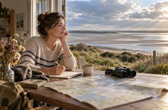 Une voyageuse prépare une escapade côtière avec une carte et des jumelles face à un estuaire.